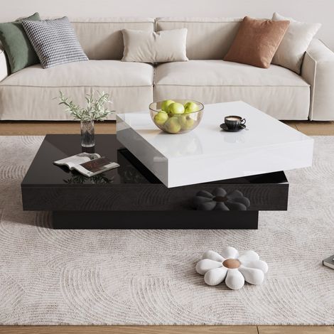 Table Basse Rotative Bicolore - 103x60x35.5cm - Double Plateau Pivotant au Rendu Brillant - Pour Salon Moderne - Blanc et Noir (1/5)