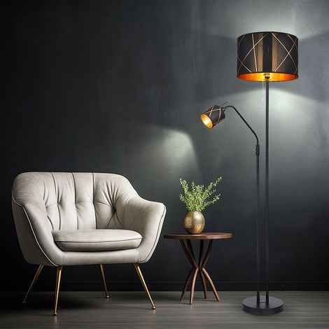 Stehlampe Wohnzimmer mit Leselampe Deckenfluter schwarz gold, Textilschirm, Leseleuchte flexibel getrennt schaltbar, 1x E27 1x E14, DxH 40x175 cm (1/5)