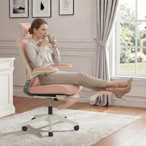 STILVORA Silla de oficina ergonómica ajustable con reposacabezas 3D y reposapiés, de espuma, rosa (1/5)