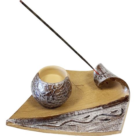 Porte-encens artisanal pour bâtons, cônes et charbon marron (1/4)