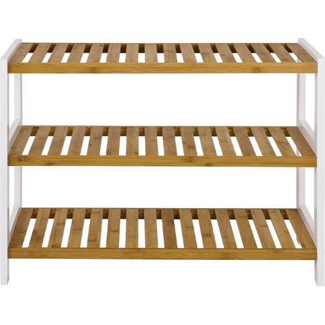 Banc à chaussures 3 étagères 70x26x55 cm en bois naturel et blanc (1/5)