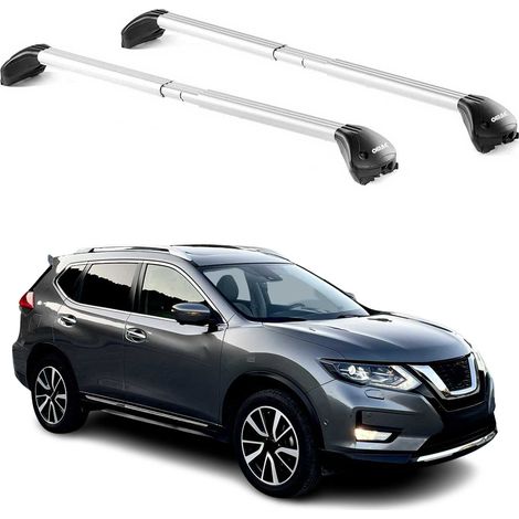 OMAC Barres de toit transversales certifiées TÜV pour Nissan X-Trail III T32 2013-2021 – Verrouillables (4 antivols) – Charge max 100 kg – Sangle inox + protection caoutchouc Argent (1/4)
