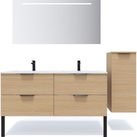 Meuble de salle de bain suspendu double vasque intégrée 140cm 4 tiroirs Chêne clair + miroir + colonne ouverture droite - Soho (1/5)