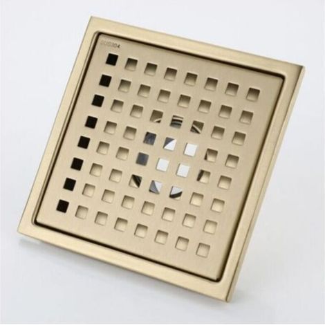 Caniveau de douche carré en acier inoxydable doré 15 x 15 cm avec couvercle de siphon de sol, noyau en laiton déodorant, or brossé (1/4)