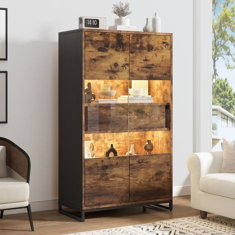 80x40x138cm Vitrine LED, meuble d'exposition sur pied, armoire vitrée à 2 tiroirs, rangement à façade acrylique, buffet haut, cave à vin, étagère à livres avec grand espace, noir aspect bois