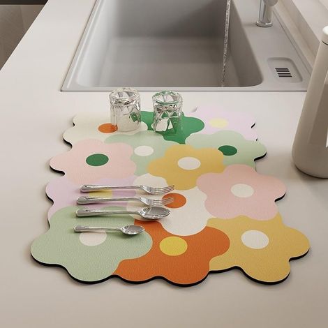 Tapis Égouttoir Vaisselle, Fleurs Tapis de Séchage Vaisselle Super Absorbant, Tapis Évier Cuisine à Séchage Rapide, pour Les Comptoirs de Cuisine de Bar à Café (30x40cm) (1/4)