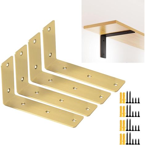 4 Stück 17,5 cm schwebende Regalhalterungen, 90° rechtwinklige L-förmige Eckhalterungen für Holzmöbel, Schränke, Stühle (Gold)