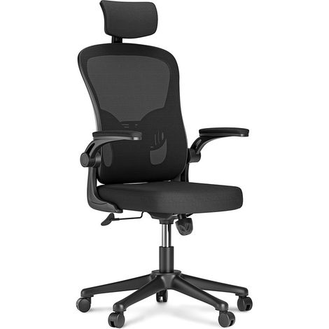 Bürostuhl – Ergonomischer Bürostuhl – mit um 90° klappbaren Armlehnen – Höhenverstellbar von 45 - 55 cm – Neigung 90–120° – Mit 2D-Kopfstütze – Breite Sitzfläche 51 cm – bis 150 kg – Schwarz (1/5)