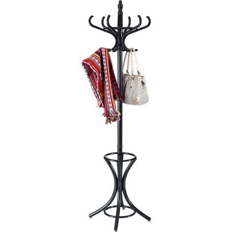 COSTWAY Porte-Manteau sur Pied avec 12 Crochets en Bois Massif pour Manteaux Chapeaux Parapluie 51 x 51 x 184CM Noir (1/5)
