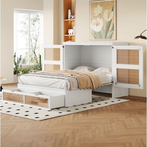 Letto pieghevole verticale adulti 140x200 cm con 2 cassetti, finitura in rattan, in legno, senza materasso, bianco (1/5)