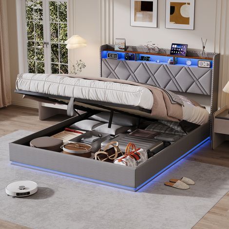 JOOKGBD - Polsterbett mit Bettkasten 140x200 cm, Doppelbett, Jugendbett, Kopfteil mit LED, USB und verstecktem Stauraum, Lattenrost inklusive, Leinen, Dunkelgrau, ohne Matratze