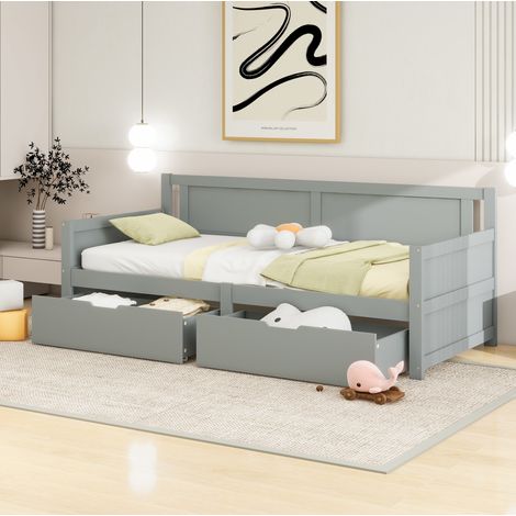 DESVIAE Lit banquette 90 x 200 avec 2 tiroirs de rangement en bois massif gris pour enfant et adolescent (1/5)