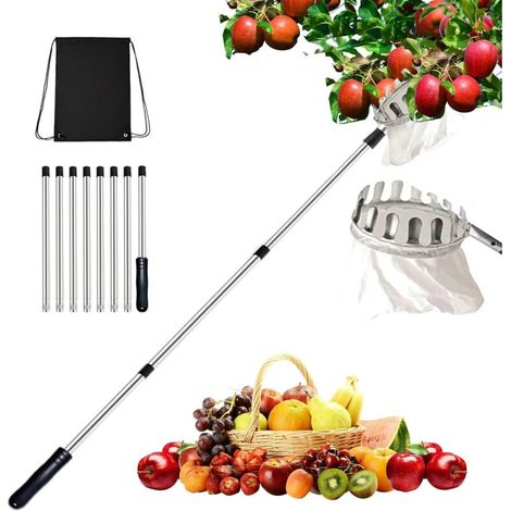cueille fruit telescopique, cueilleur de fruits détachable de 3,2 m, cueilleur de fruits avec sac de rangement et perche rétractable, outil de cueillette de verger pour pommes et oranges 16cm diamètre