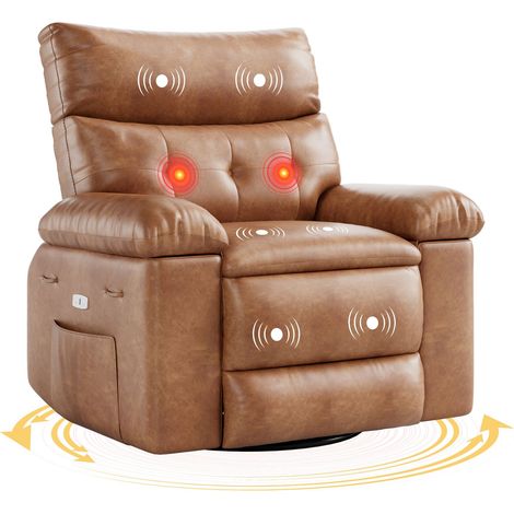 Fauteuil relax manuel pivotant 360° et basculant Massage et chauffage, simili-cuir haut de gamme, télécommande et poche latérale - Marron (1/5)
