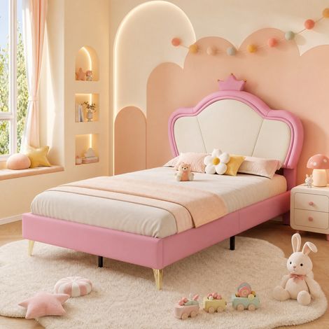 Kinderbett 90x200 cm Weiß und Rosa aus PU mit gepolstertem Kopfteil, Kranzleiste und Schutzkanten (1/5)