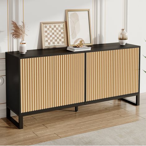 Buffet de salon avec 4 portes relief vertical, étagères réglables, 160x40x75 cm, MDF noir et naturel (1/5)