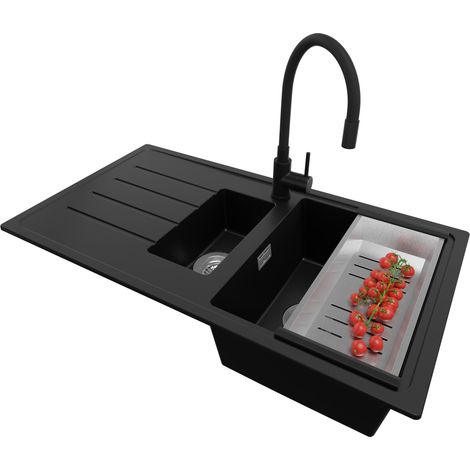 PRIMAGRAN Evier Cuisine en Granit 90x50cm,Lavabo 1,5 bacs + Robinet 38x14cm + Kit de Vidage, Évier à Encastrer au Meuble 60cm - Copenhague Duo, Noir