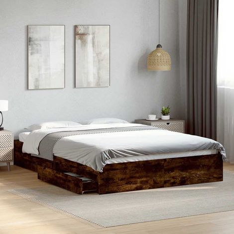 Cadre de lit avec tiroirs sans matelas chêne fumé 160x200 cm (1/5)