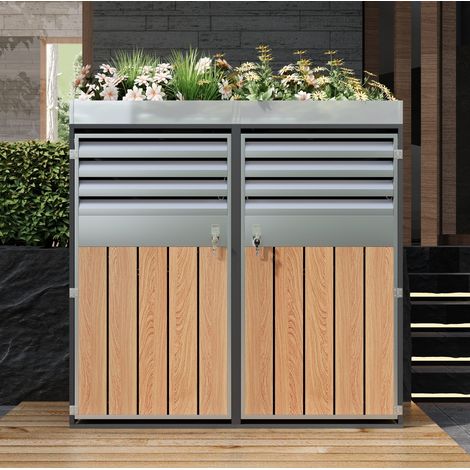 Meuble pour poubelles avec jardinière, 2 portes, acier galvanisé, gris DESVIAE (1/5)