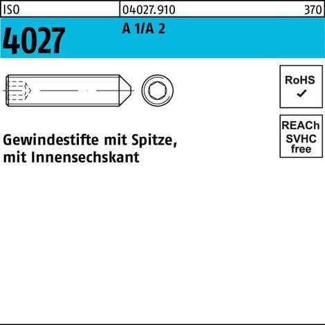 ISO 4027 Gewindestifte mit Spitze & Innensechskant A 1/A 2 M 2 x 2 rostfreiei A 1/A 2 S 500 Stk (1/2)