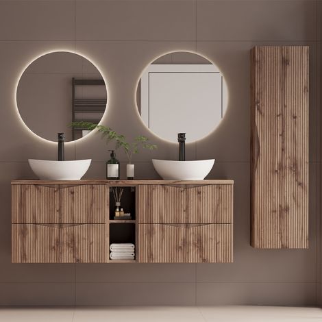 Doppelwaschtisch und Hängesäule 140cm Tao mit 4 Schubladen, Holzoptik (1/5)