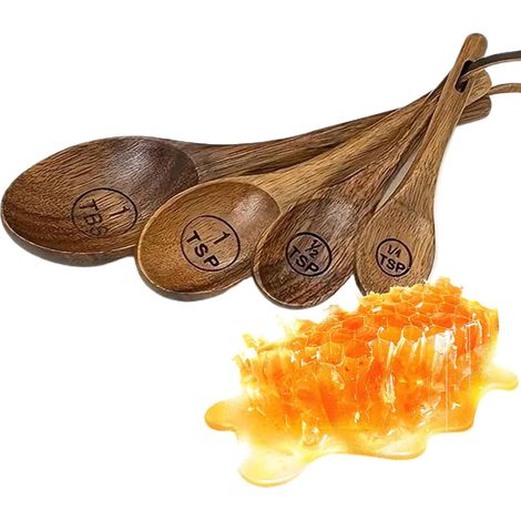 Set Cuillères Mesure Bois, Acacia, Café, Pâtisserie, Campagne, Cuisine, Dosage, Lot, Ustensile (1/5)