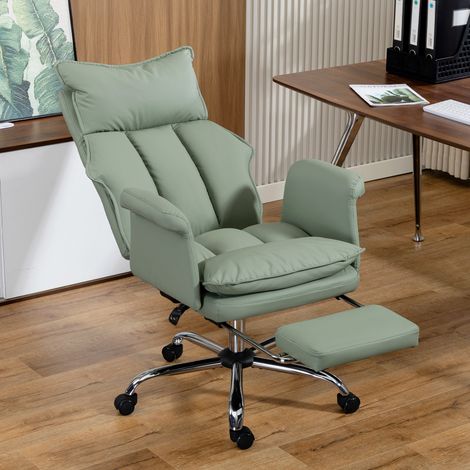 Chaise de bureau avec repose-pieds, dossier inclinable haut, rembourrage épais, revêtement en similicuir, roulettes, verte