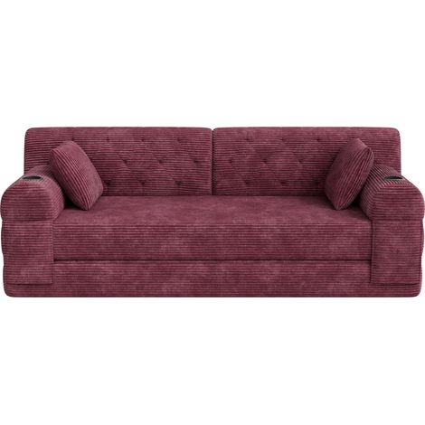Sofá cama de 3 plazas en pana color burdeos, con respaldo alto, marco metálico y espuma densa (1/5)