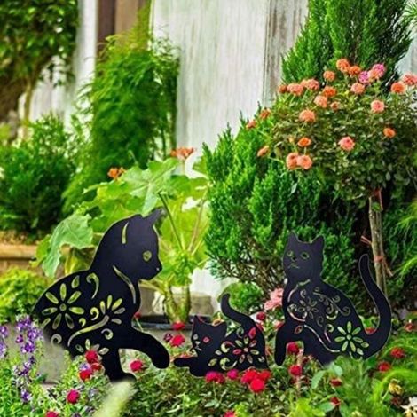 Cat Yard Art Jardin Statues Métalliques Déco, 3 PIÈCES Chat Évider Silhouette Forme Animale Pieu Décorations, Noir
