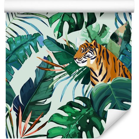Papier peint à motifs de tigres et de feuilles tropicales pour salon et chambre, 50 x 1000 cm (1/5)