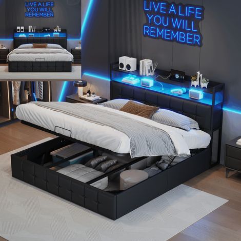 lit coffre 140x190,lit 140x190,avec sommier à lattes, tête de lit avec rangement, lumières LED,tissu en PU,noir