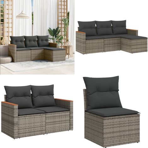 4-tlg. Garten-Sofagarnitur mit Kissen Grau Poly Rattan - Gartenmöbel - Outdoor-Möbel - Rattanmöbel - Lounge Set - Gartengestell - Home & Living (1/5)