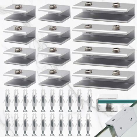 12 Pièces Pince à Verre Supports d'Étagère en Alliage, Pinces à Verre 6mm-8mm, Aluminium Support Etagere Verre Reglable, fit Courante Fenêtre Balustrade Réglable Escalier Salle Bains (1/5)