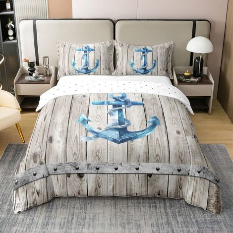 Bleu Ancre 100% Coton Housse de Couette 240x260cm Enfants Parure de Lit à thème pour garçons Filles Adolescents Vintage Bois Grange Porte Ensemble de Literie Chambre décor, Doux léger - 240 x 260 cm + (1/5)