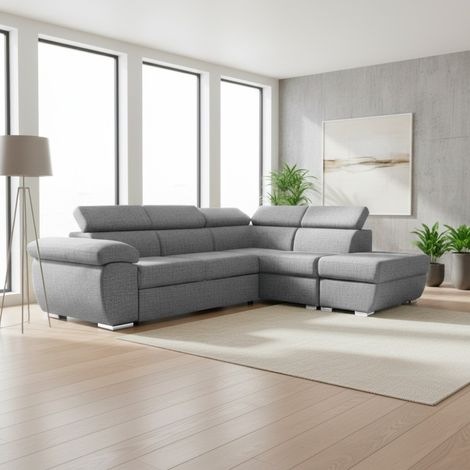 Divano Letto Angolare Fiona con Penisola Destra e Pouf Contenitore – Grigio (1/5)