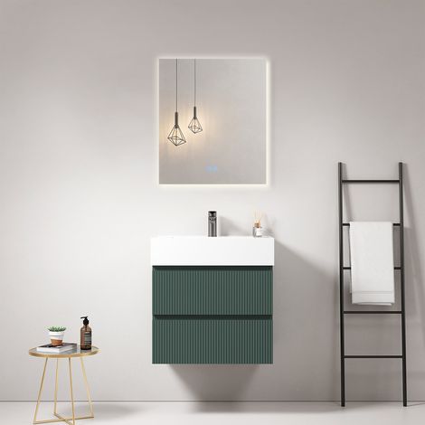 Mobile bagno sospeso cannettato 60 cm Verde Comodoro Lavabo in Resina Specchio Quadro Retroilluminato - Fiji Paint