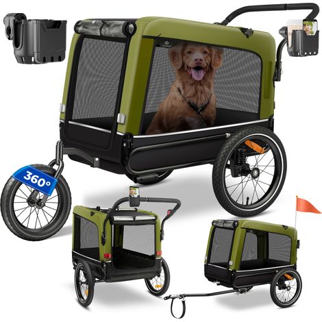 KESSER® Hundeanhänger Boxer 3-in-1 Hundebuggy & Jogger Fahrradanhänger groß ca. 240 Liter Volumen gefedert Material: 600D Oxford Canvas Khaki