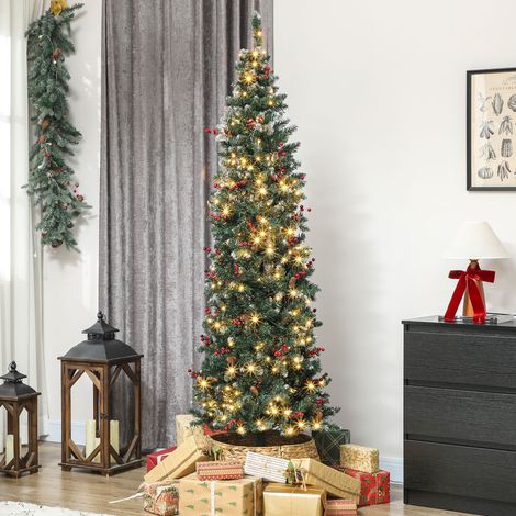 Sapin de Noël étroit de 210 cm avec lumières LED, 8 modes d'éclairage, branches argentées pailletées, pommes de pin, baies vertes