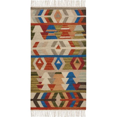 Tapis Kilim Multicolore en Laine 80 x 150 cm avec Pompons Oriental Fait Main Kaghsi