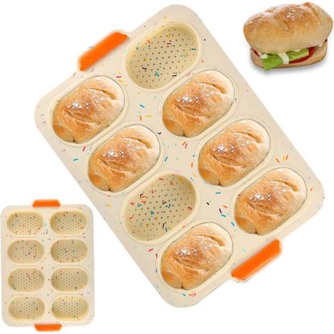 MINKUROW Mini Baguette Bandeja De Silicona Antiadherente Para Hornear - Molde De Pan Francés 8 Rejillas Bandeja De Pan Perforada Antiadherente Bandeja De Pan Crujiente, 34x24cm (1/5)
