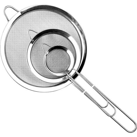 3 Pièces Passoire Inox 19/25/35 cm, Tamis Cuisine avec Poignée, Métal Tamis Maille Fine, Filtre pour Égoutter Poudre, Pâtisserie, Nouille, Riz, Pates, Légumes, Quinoa, Blanc d'Oeuf (Argent)