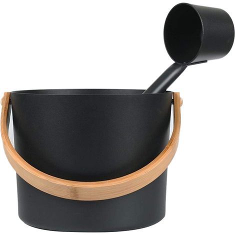 Seau à eau et louche, capacité de 7 L, seau à eau en aluminium avec poignée en bois, baril de sauna en métal, accessoire de qualité supérieure pour les amateurs de sauna (1/5)
