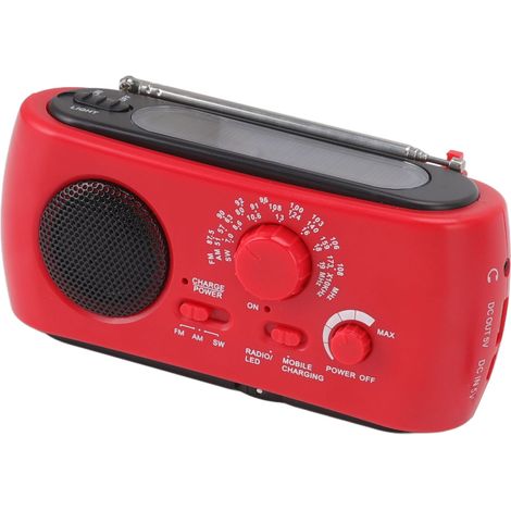 Radio météo d'urgence multifonctionnelle AM/FM/SW portable avec batterie externe solaire et manivelle pour le camping et les activités de plein air (rouge) (1/5)