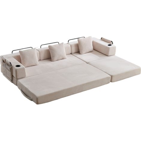 Canapé-lit pliable en velours côtelé blanc avec range-gobelets et poches latérales (1/5)