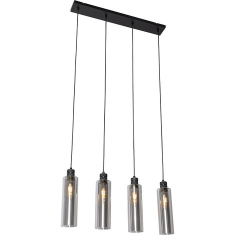 QAZQA Moderno Lámpara colgante moderna negra con cristal ahumado 4 luces - Stavelot Acero /Vidrio Alargada Adecuado para LED Max. 4 x 40 Watt