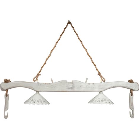 Lustre  obtenu par  bras fabriqué à la main en bois massif de tilleul et muni de deux abat-jour en céramique blanche.