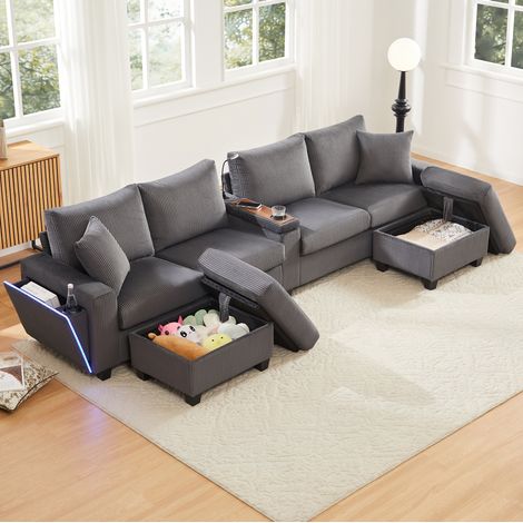 Divano a U 334/128,5/81 cm grigio in velluto a coste con LED, USB/Type-C e spazio contenitore (1/5)