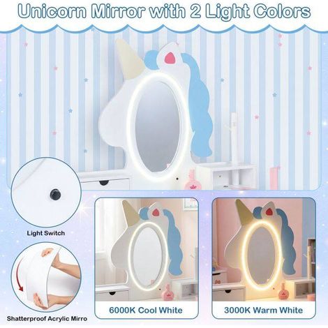 Coiffeuse enfant blanche avec miroir licorne LED 2 couleurs, rangement et tabouret (1/5)