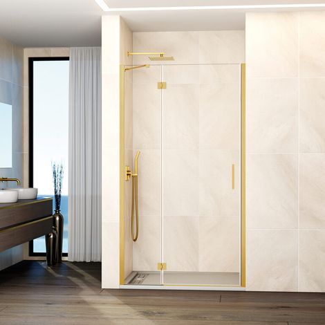 Paroi de douche frontale GLASS panneau fixe + porte pivotante avec profilé de fermeture 75 cm profilé or barre de maintien parallèle (20+50) (1/5)
