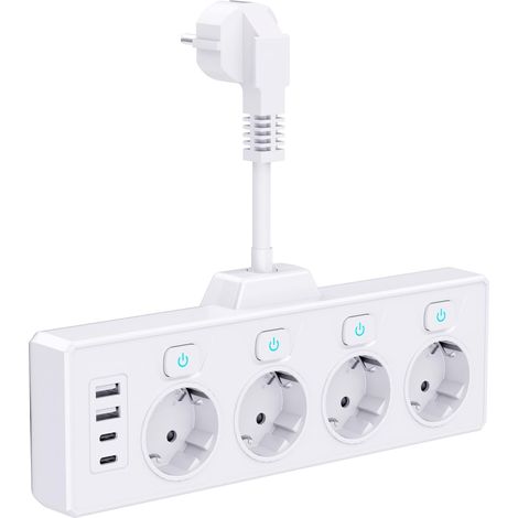 Multiprise avec 4 Interrupteur Individuel, 8 en 1 USB Multiprises avec 4 AC Prises et 4 USB(2 Type C et 2 USB-A), 3680W Multiprise Parafoudre Câble Court 0.5M pour Maison, Bureau, Cuisine, Blanc (1/5)